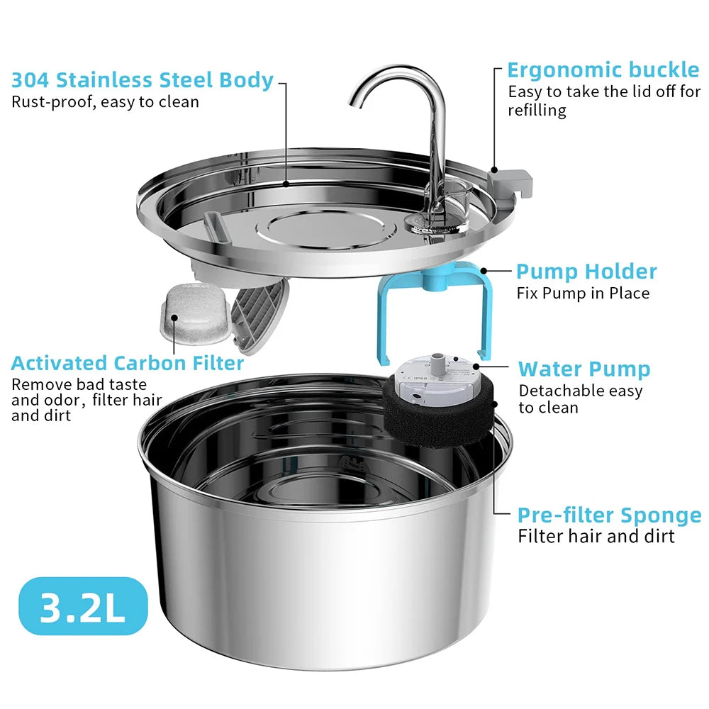 Automatic Stainless Steel Pet Water Fountain - USB Electric, Mute Design with Filter for Cats and Dogs
